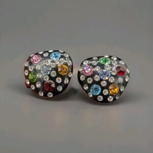 Vintage Black Bakelite & Multi Color Rhinestone Clip On Earrings Weiss? READ
